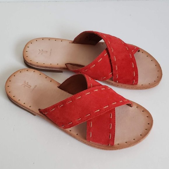 New FRYE Avery 5.5 - 6 Leather Suede Sandals Flat Slide Slip-on Contrast Stitch - Picture 1 of 13